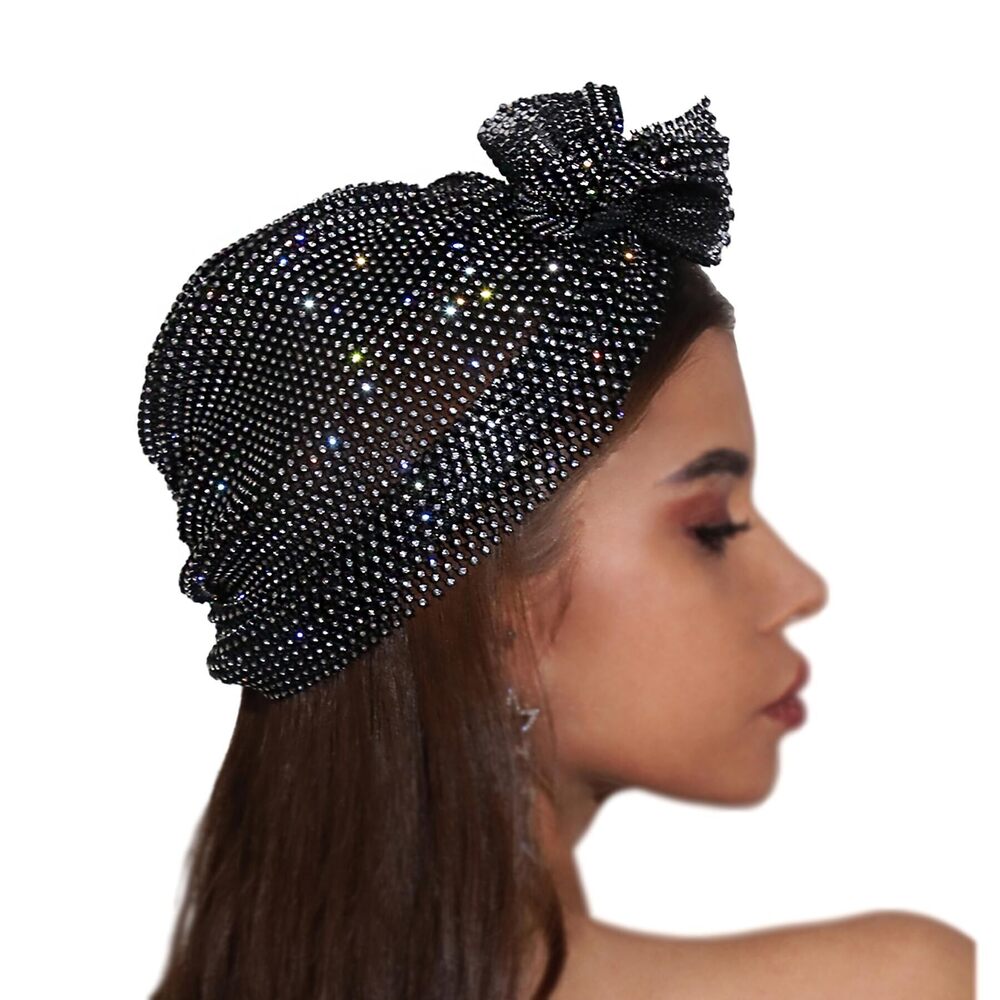 3655 Sparkly Rhinestone Mesh Turban Hat Knot Pleated Head Wrap Shiny